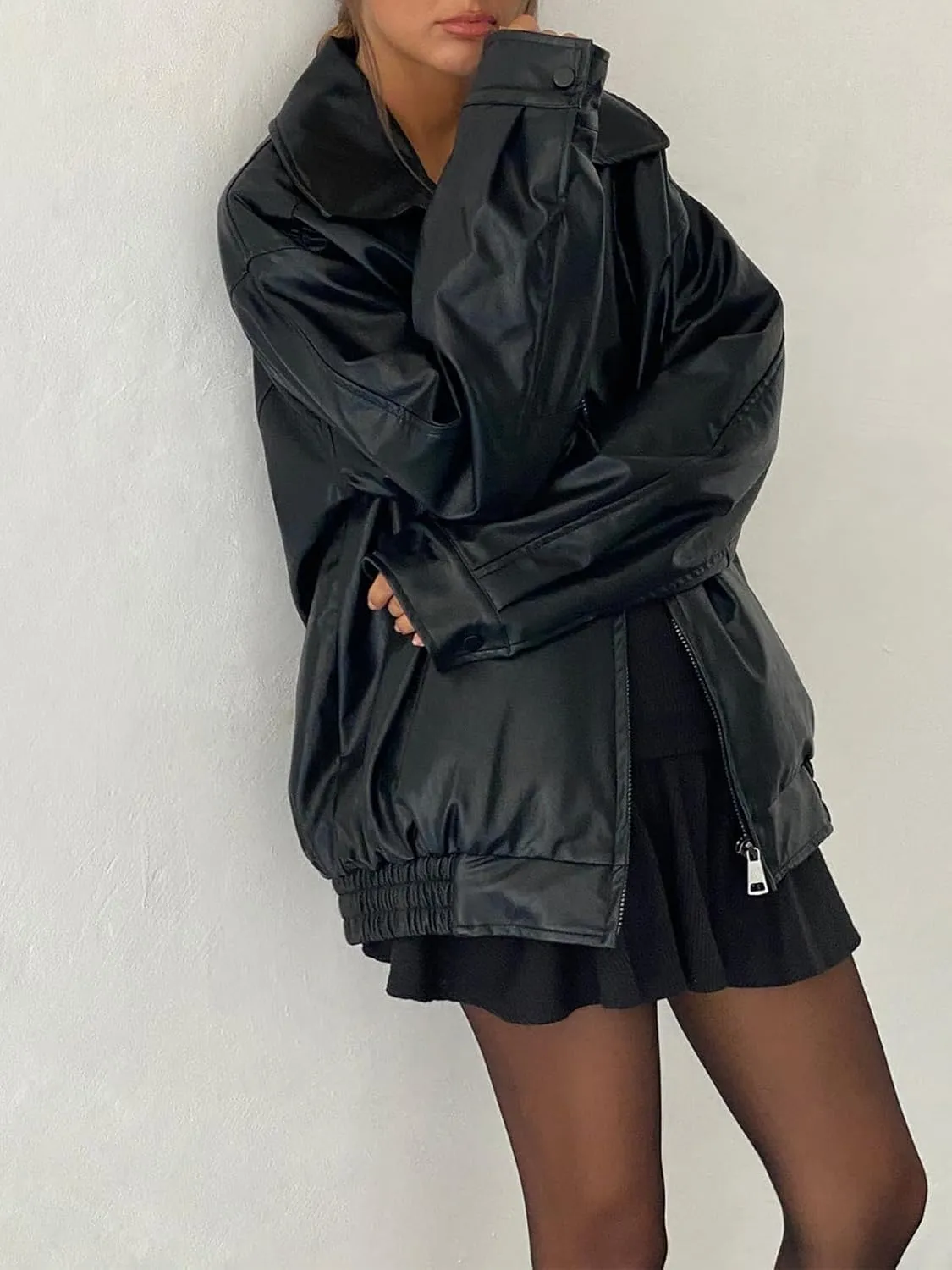 Oversized Leather Jackets for Women Fall Fashion Outfits Faux Leather Motorcycle Bomber Winter Coat Trendy