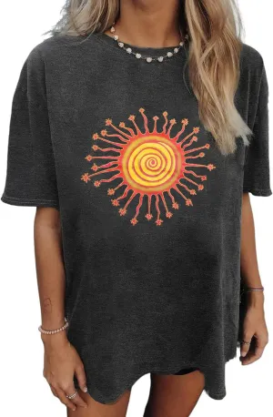 Oversized Tshirts for Women Flower Graphic Tees Cute Casual Crewneck Printed Shirts Funny Short Sleeve Tops