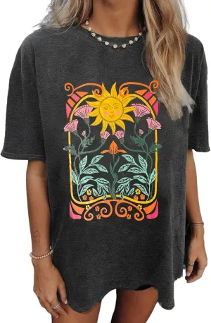 Oversized Tshirts for Women Flower Graphic Tees Cute Casual Crewneck Printed Shirts Funny Short Sleeve Tops