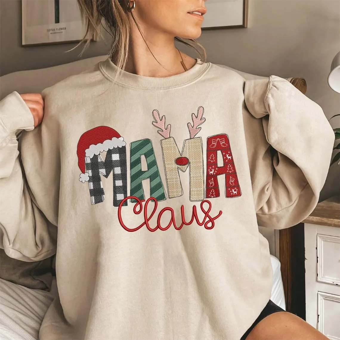 POPPOP Christmas Claus Embroidery Sweatshirt, Custom Mama Grandma Gigi Mimi Nickname, Gifts for Women Sweater