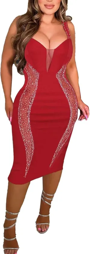 PORRCEY Women's Sexy Elegant Rhinestone Bodycon Party Club Night Dresses Hot Drilling Clubwear
