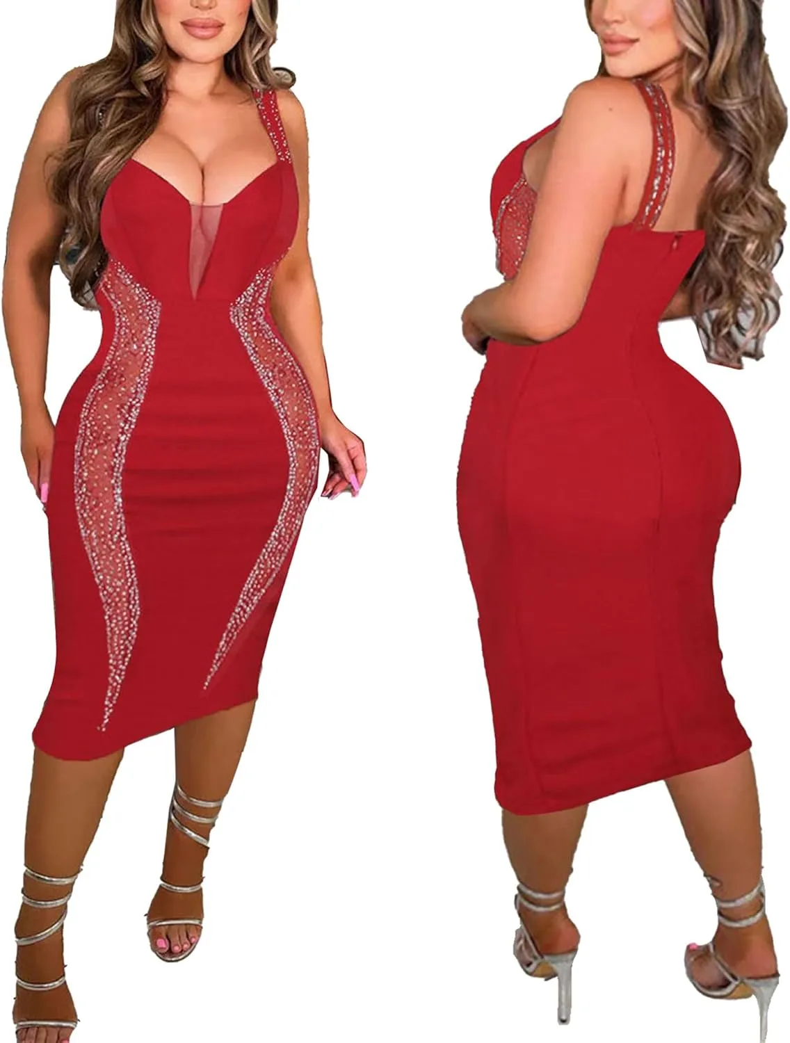 PORRCEY Women's Sexy Elegant Rhinestone Bodycon Party Club Night Dresses Hot Drilling Clubwear