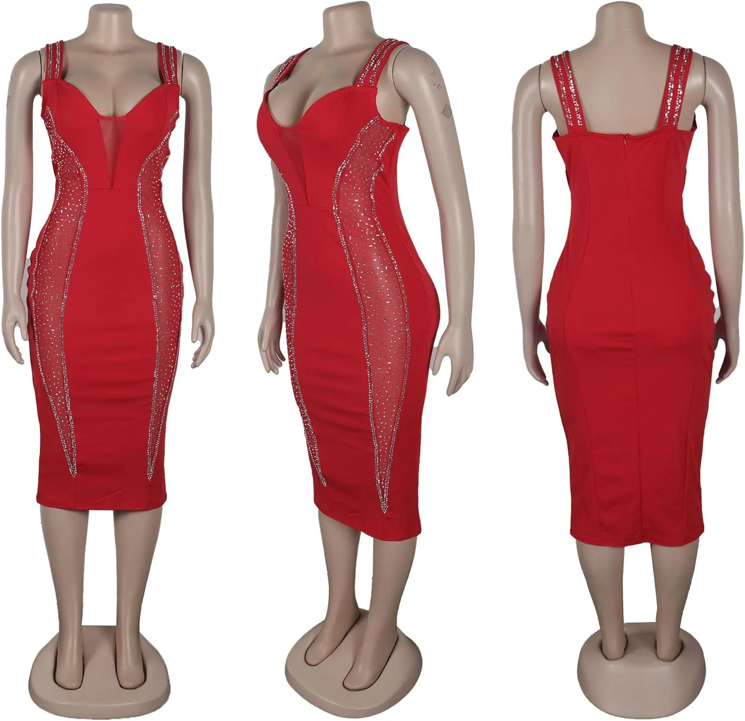 PORRCEY Women's Sexy Elegant Rhinestone Bodycon Party Club Night Dresses Hot Drilling Clubwear