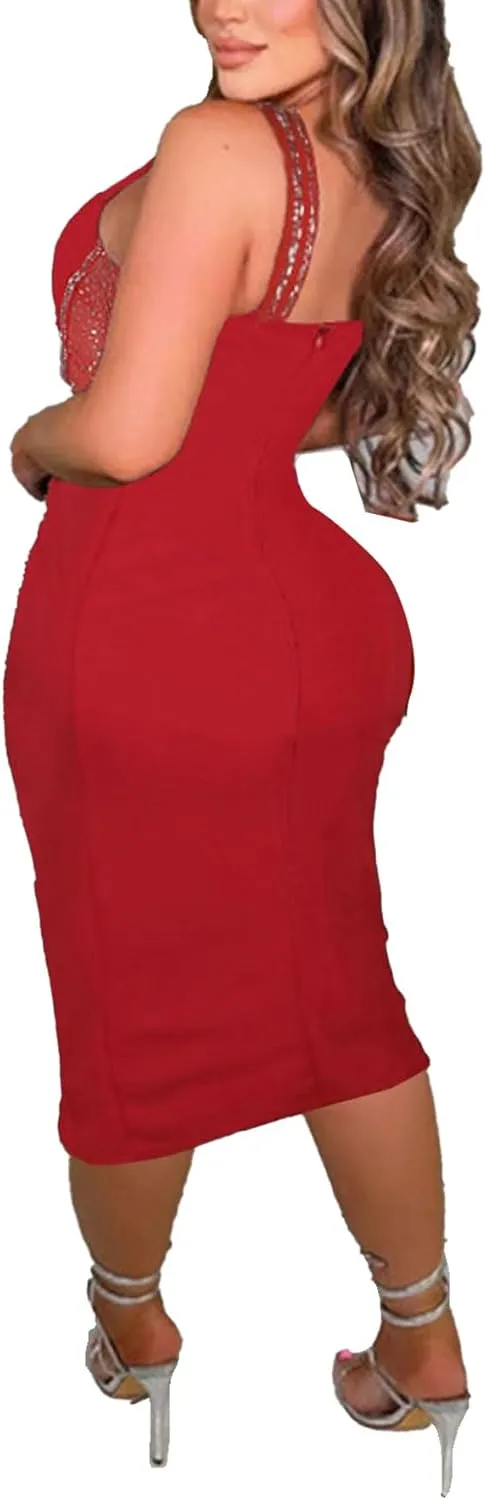 PORRCEY Women's Sexy Elegant Rhinestone Bodycon Party Club Night Dresses Hot Drilling Clubwear