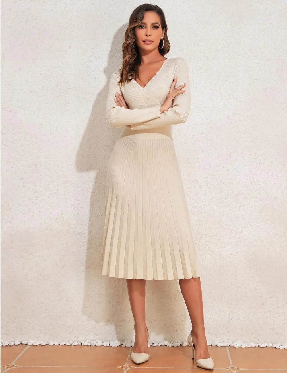 PrettyGuide Women's Wrap V Neck Sweater Dress Long Sleeve Pleated A Line Knit Midi Dresses
