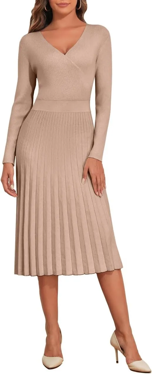PrettyGuide Women's Wrap V Neck Sweater Dress Long Sleeve Pleated A Line Knit Midi Dresses