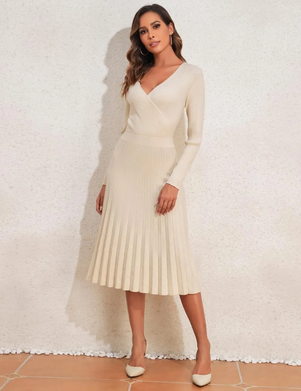 PrettyGuide Women's Wrap V Neck Sweater Dress Long Sleeve Pleated A Line Knit Midi Dresses