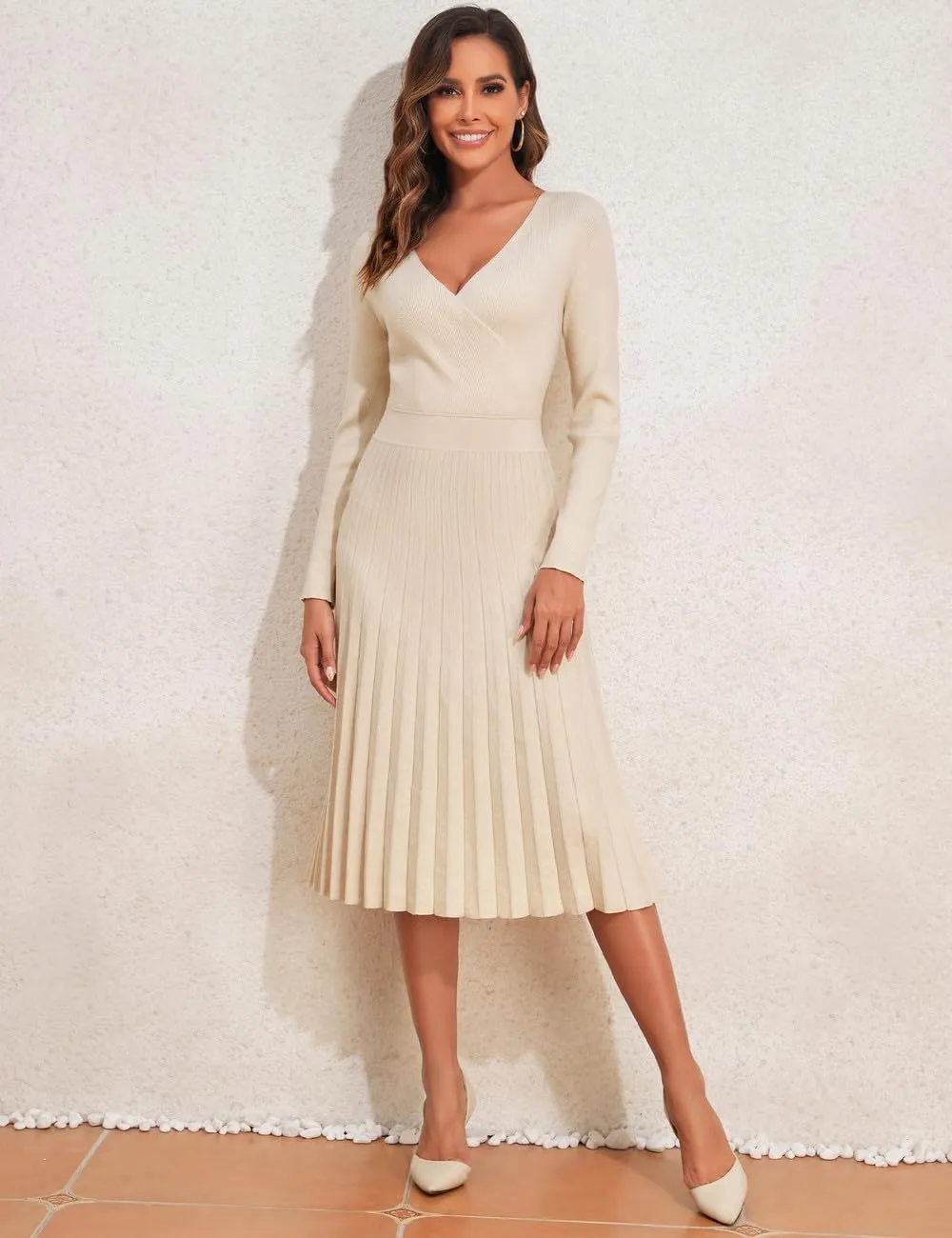 PrettyGuide Women's Wrap V Neck Sweater Dress Long Sleeve Pleated A Line Knit Midi Dresses