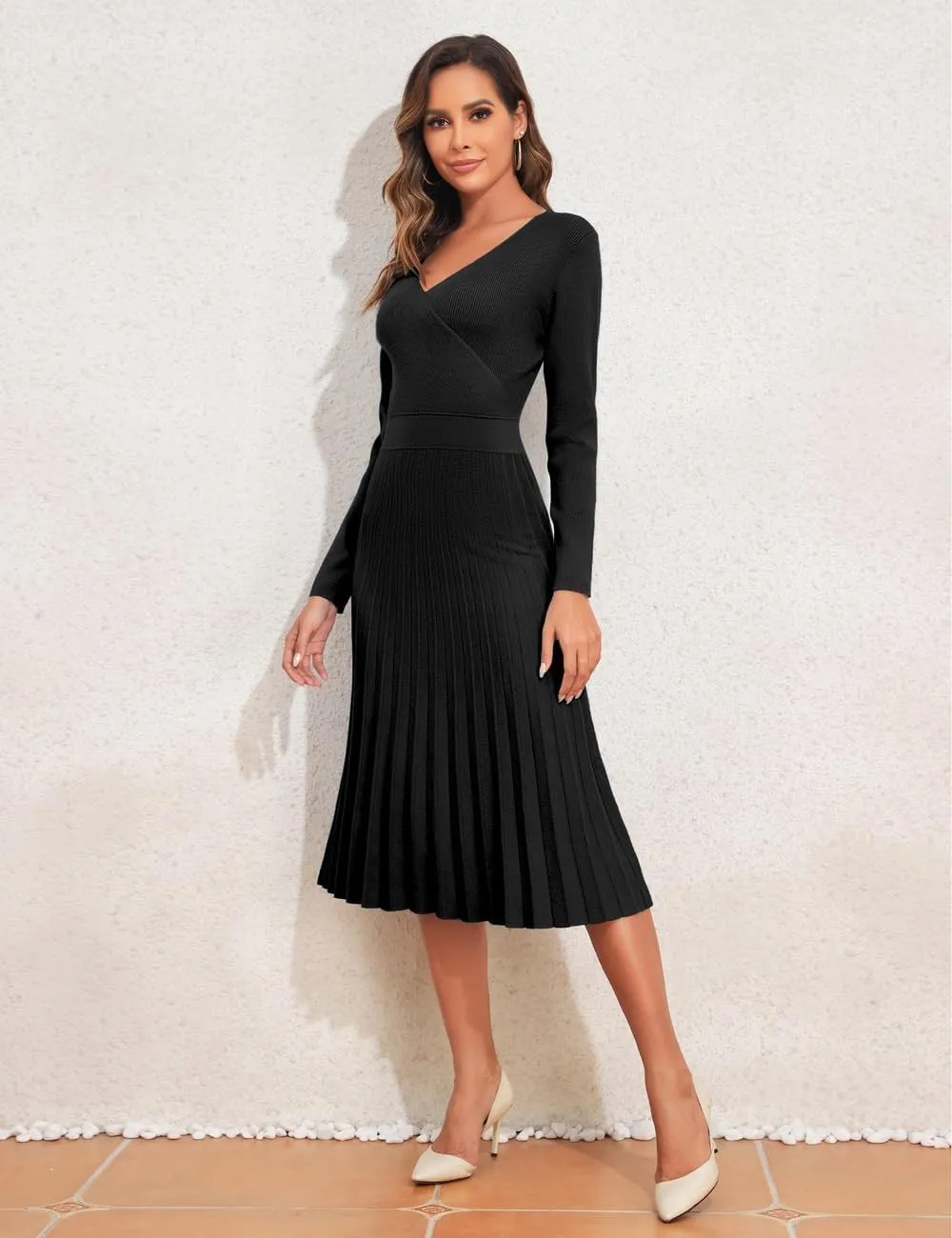 PrettyGuide Women's Wrap V Neck Sweater Dress Long Sleeve Pleated A Line Knit Midi Dresses