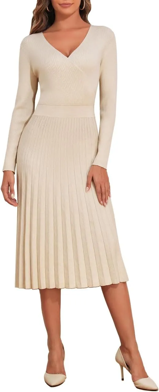 PrettyGuide Women's Wrap V Neck Sweater Dress Long Sleeve Pleated A Line Knit Midi Dresses