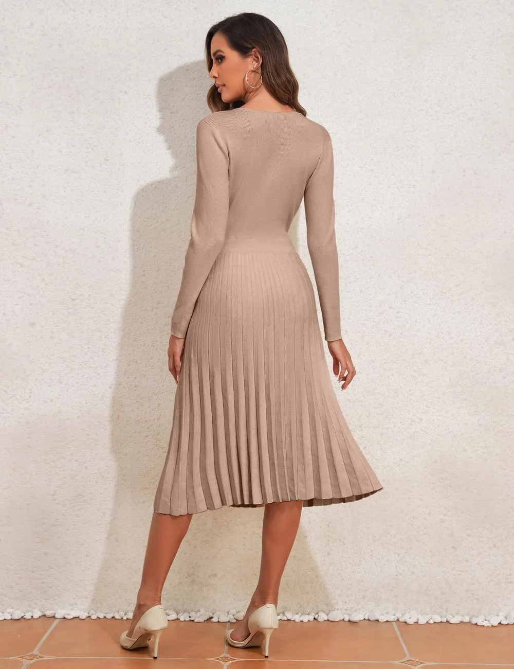 PrettyGuide Women's Wrap V Neck Sweater Dress Long Sleeve Pleated A Line Knit Midi Dresses