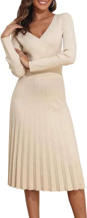 PrettyGuide Women's Wrap V Neck Sweater Dress Long Sleeve Pleated A Line Knit Midi Dresses