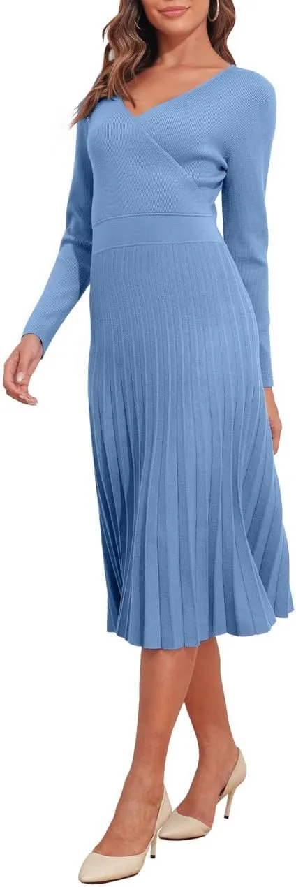 PrettyGuide Women's Wrap V Neck Sweater Dress Long Sleeve Pleated A Line Knit Midi Dresses