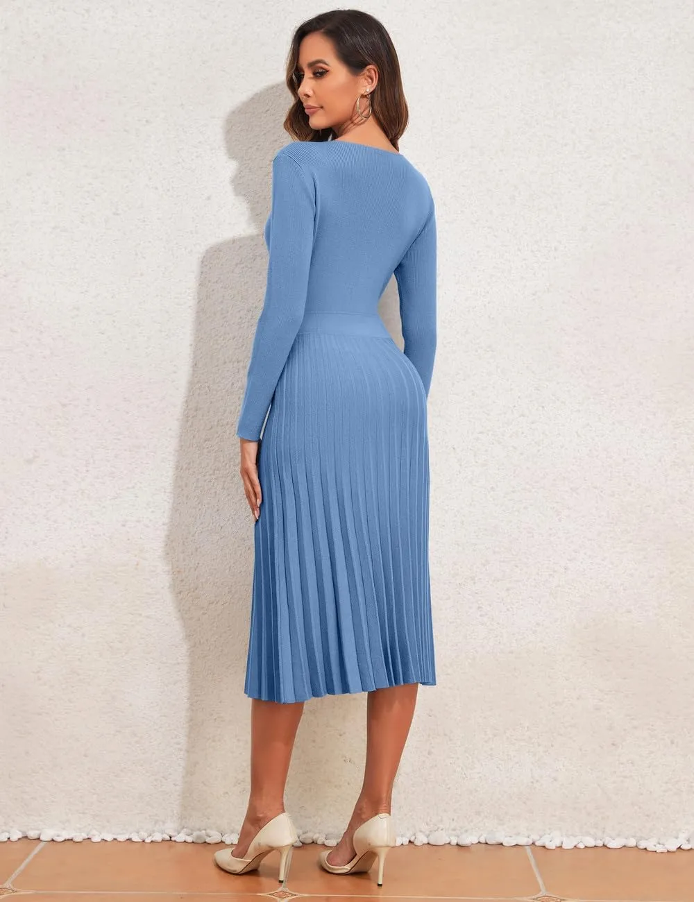 PrettyGuide Women's Wrap V Neck Sweater Dress Long Sleeve Pleated A Line Knit Midi Dresses