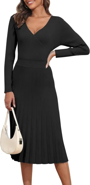 PrettyGuide Women's Wrap V Neck Sweater Dress Long Sleeve Pleated A Line Knit Midi Dresses
