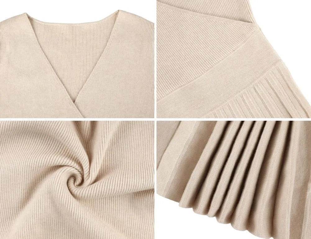 PrettyGuide Women's Wrap V Neck Sweater Dress Long Sleeve Pleated A Line Knit Midi Dresses