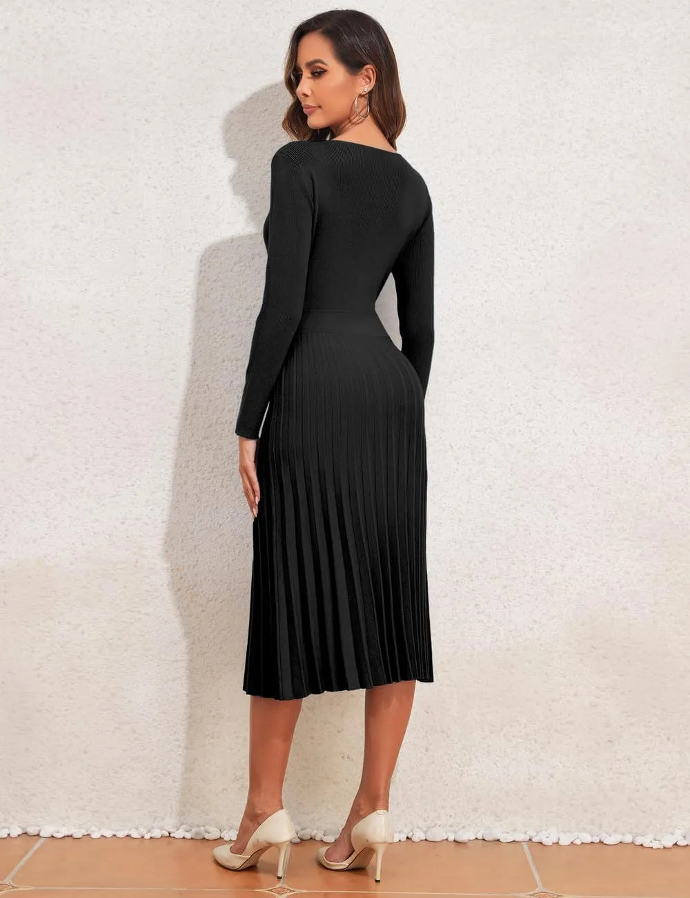PrettyGuide Women's Wrap V Neck Sweater Dress Long Sleeve Pleated A Line Knit Midi Dresses