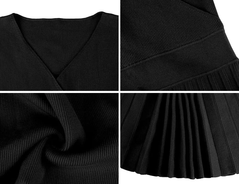 PrettyGuide Women's Wrap V Neck Sweater Dress Long Sleeve Pleated A Line Knit Midi Dresses