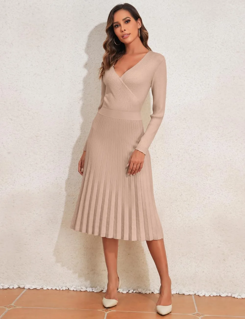 PrettyGuide Women's Wrap V Neck Sweater Dress Long Sleeve Pleated A Line Knit Midi Dresses