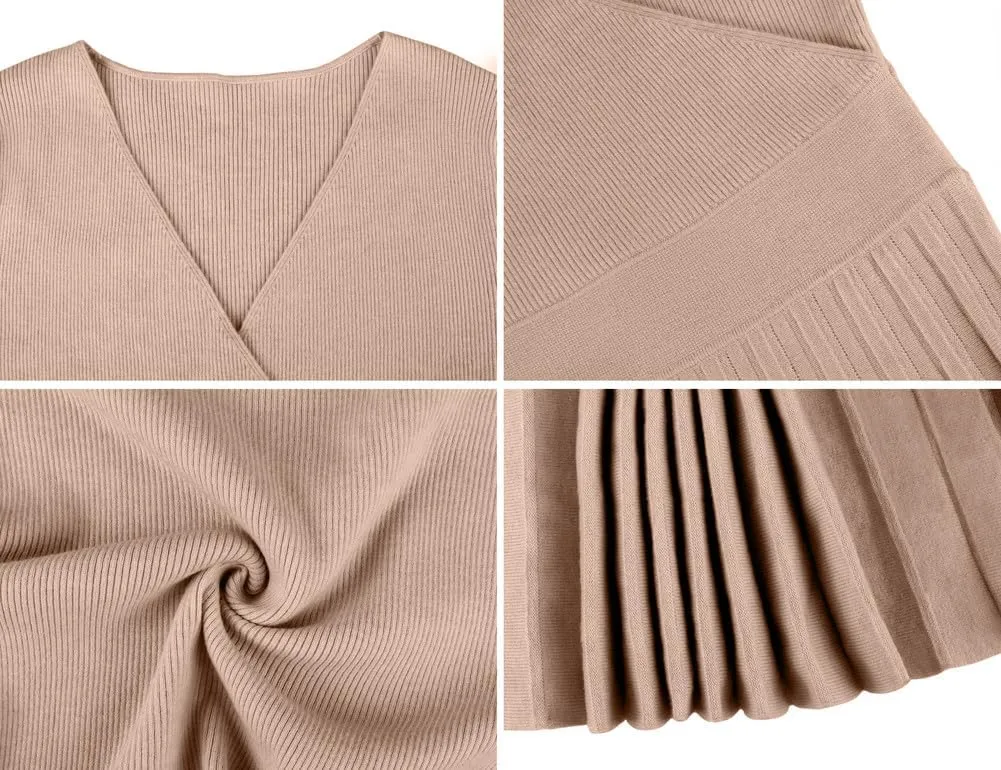 PrettyGuide Women's Wrap V Neck Sweater Dress Long Sleeve Pleated A Line Knit Midi Dresses