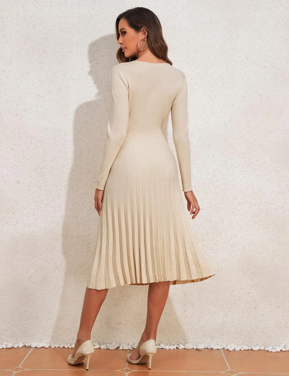 PrettyGuide Women's Wrap V Neck Sweater Dress Long Sleeve Pleated A Line Knit Midi Dresses