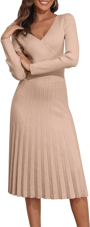PrettyGuide Women's Wrap V Neck Sweater Dress Long Sleeve Pleated A Line Knit Midi Dresses