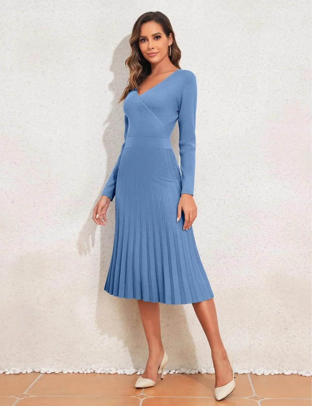 PrettyGuide Women's Wrap V Neck Sweater Dress Long Sleeve Pleated A Line Knit Midi Dresses
