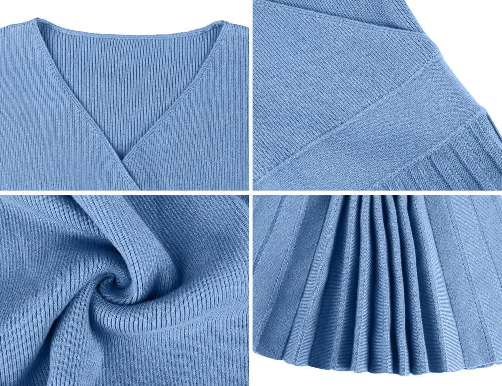 PrettyGuide Women's Wrap V Neck Sweater Dress Long Sleeve Pleated A Line Knit Midi Dresses