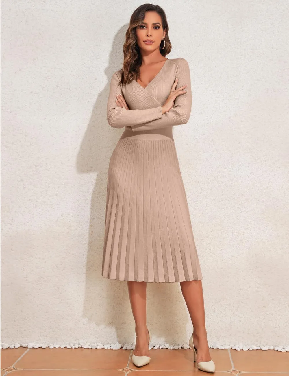 PrettyGuide Women's Wrap V Neck Sweater Dress Long Sleeve Pleated A Line Knit Midi Dresses