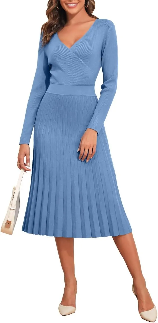 PrettyGuide Women's Wrap V Neck Sweater Dress Long Sleeve Pleated A Line Knit Midi Dresses