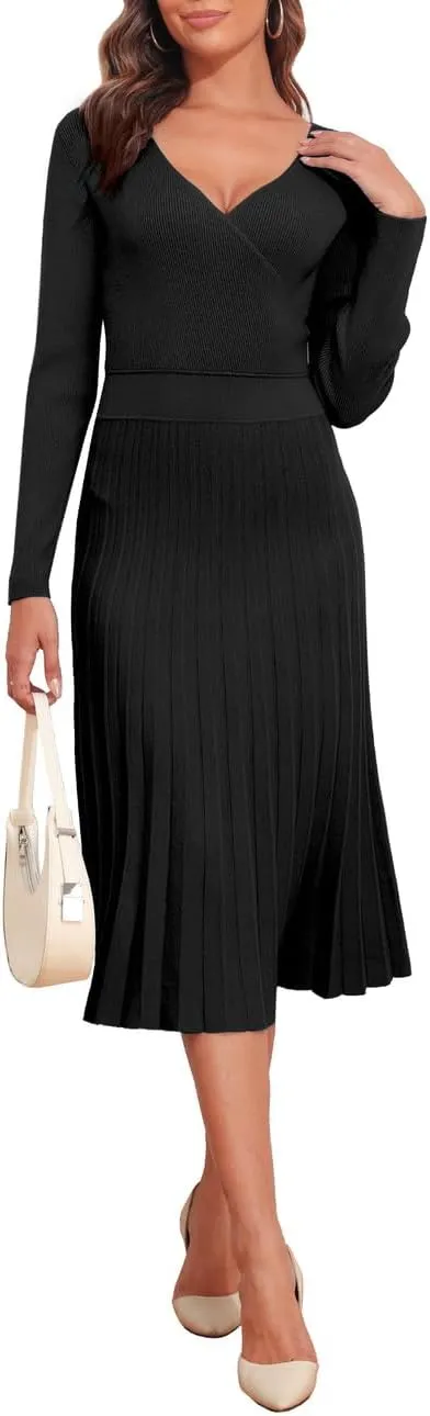 PrettyGuide Women's Wrap V Neck Sweater Dress Long Sleeve Pleated A Line Knit Midi Dresses