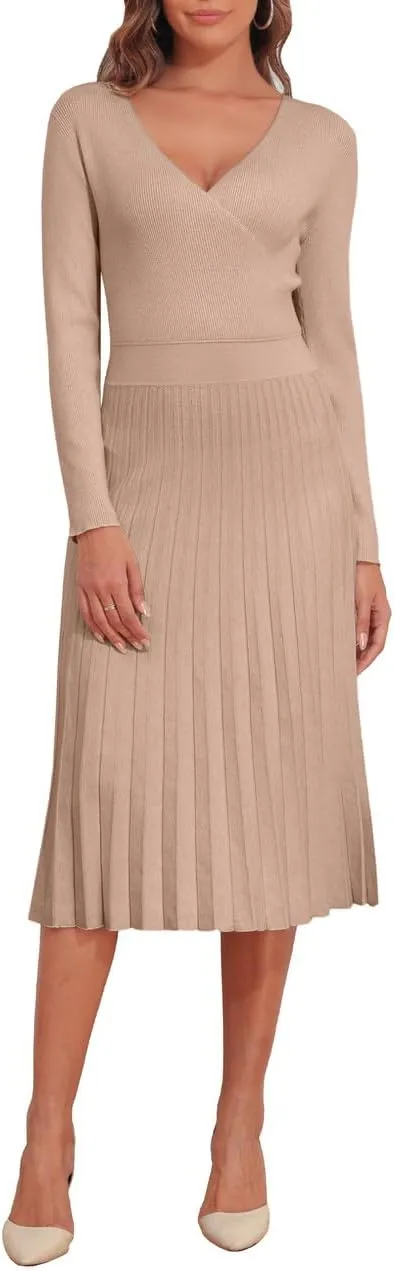 PrettyGuide Women's Wrap V Neck Sweater Dress Long Sleeve Pleated A Line Knit Midi Dresses