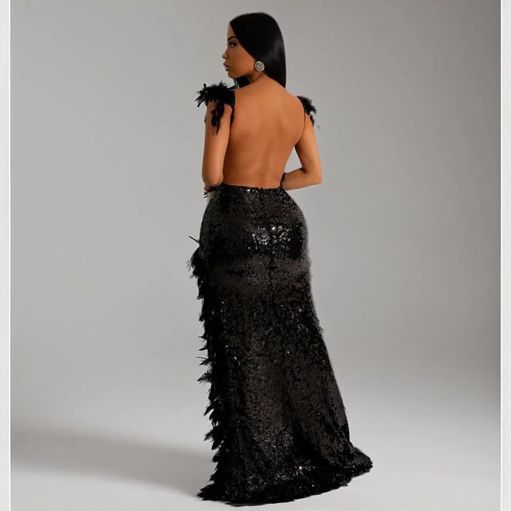 PURFUN Women Sexy Sequin Feather Dress Wrap V Neck Backless High Split Prom Maxi Dress Gown Cocktail Party Club Night Dresses