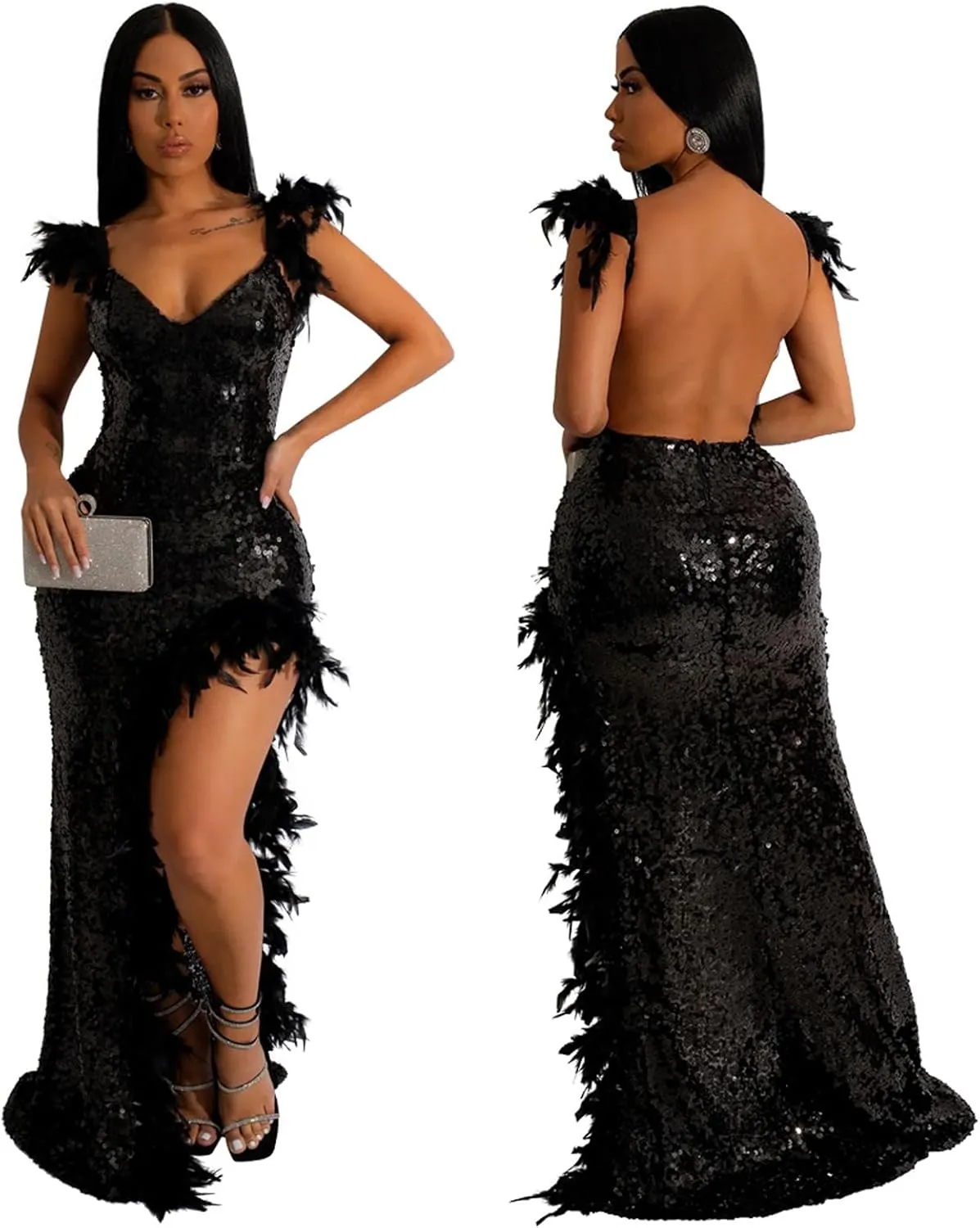 PURFUN Women Sexy Sequin Feather Dress Wrap V Neck Backless High Split Prom Maxi Dress Gown Cocktail Party Club Night Dresses