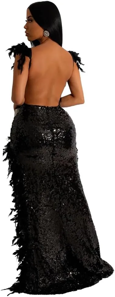 PURFUN Women Sexy Sequin Feather Dress Wrap V Neck Backless High Split Prom Maxi Dress Gown Cocktail Party Club Night Dresses