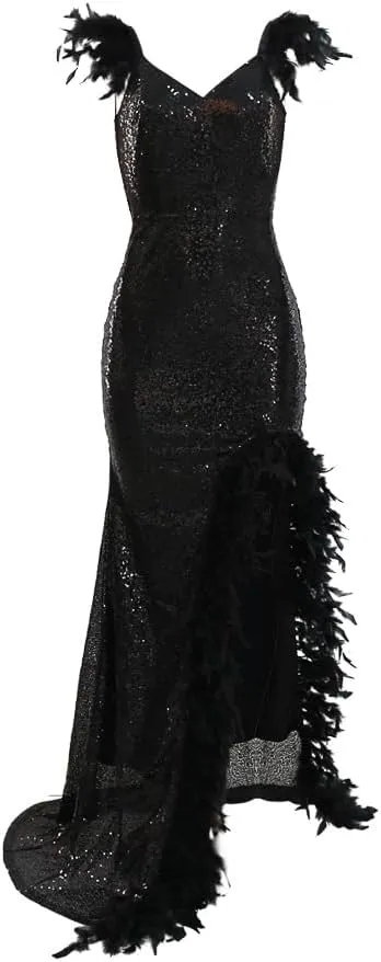 PURFUN Women Sexy Sequin Feather Dress Wrap V Neck Backless High Split Prom Maxi Dress Gown Cocktail Party Club Night Dresses