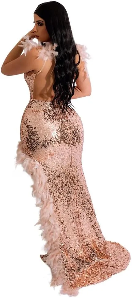 PURFUN Women Sexy Sequin Feather Dress Wrap V Neck Backless High Split Prom Maxi Dress Gown Cocktail Party Club Night Dresses