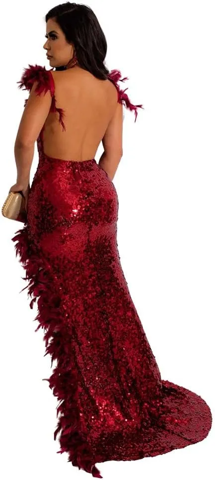 PURFUN Women Sexy Sequin Feather Dress Wrap V Neck Backless High Split Prom Maxi Dress Gown Cocktail Party Club Night Dresses