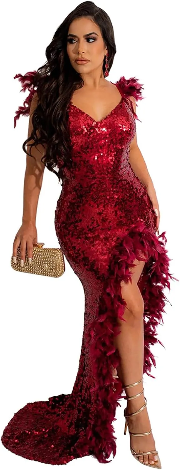 PURFUN Women Sexy Sequin Feather Dress Wrap V Neck Backless High Split Prom Maxi Dress Gown Cocktail Party Club Night Dresses