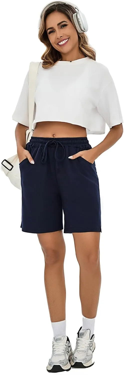Quenteen Womens Bermuda Shorts Athletic Loose Running Comfy Long Yoga Shorts with Pockets