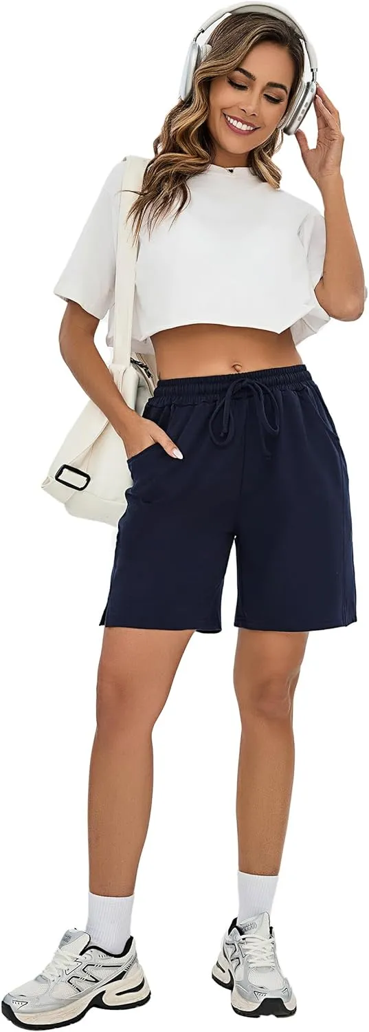 Quenteen Womens Bermuda Shorts Athletic Loose Running Comfy Long Yoga Shorts with Pockets