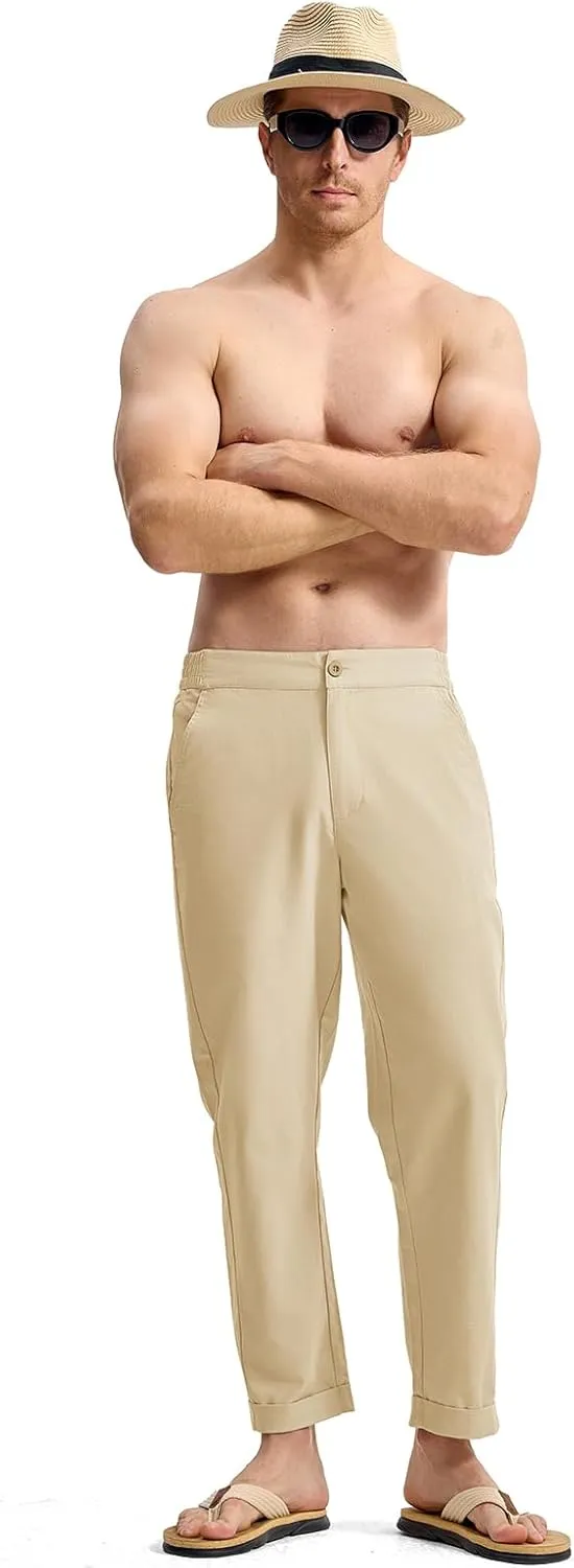 Rdruko Men's Linen Pants Lightweight Casual Cotton Pants Elastic Waist Beach Summer Pants with Pockets