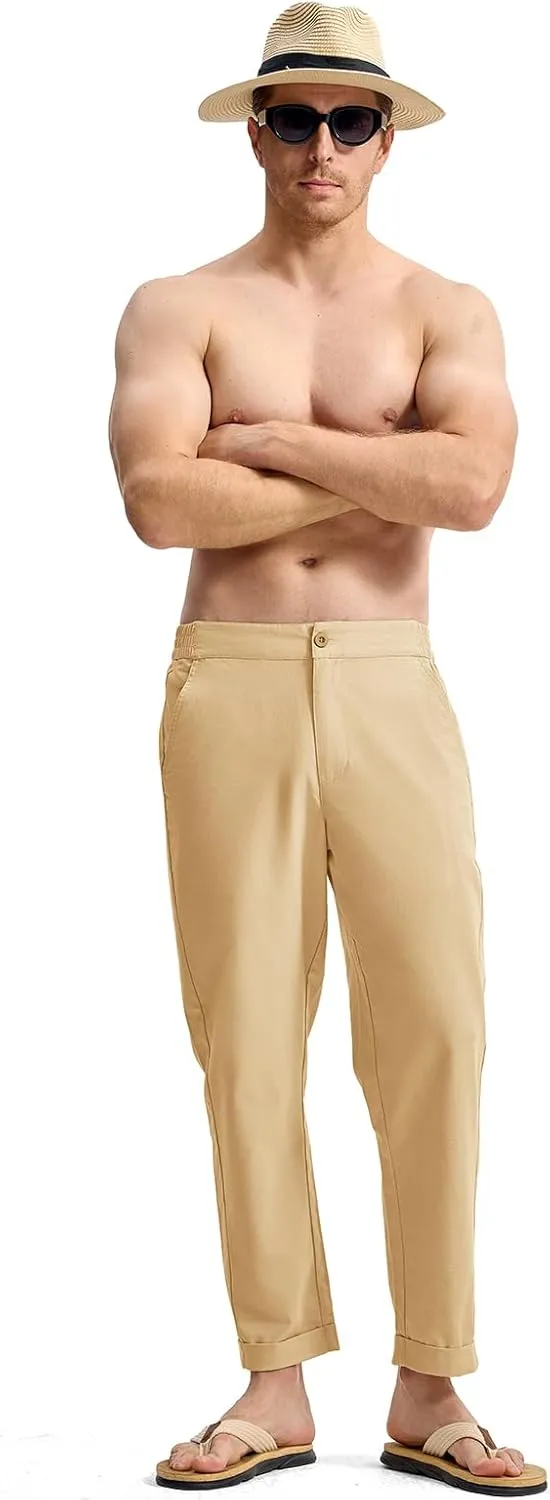 Rdruko Men's Linen Pants Lightweight Casual Cotton Pants Elastic Waist Beach Summer Pants with Pockets
