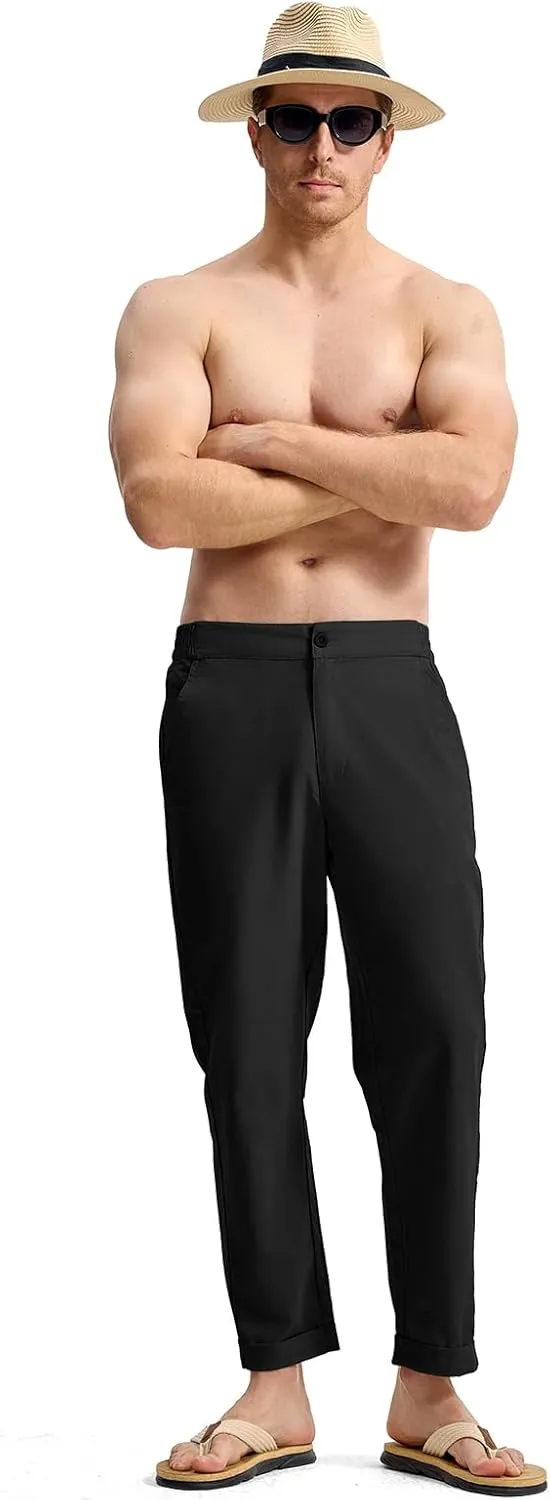 Rdruko Men's Linen Pants Lightweight Casual Cotton Pants Elastic Waist Beach Summer Pants with Pockets