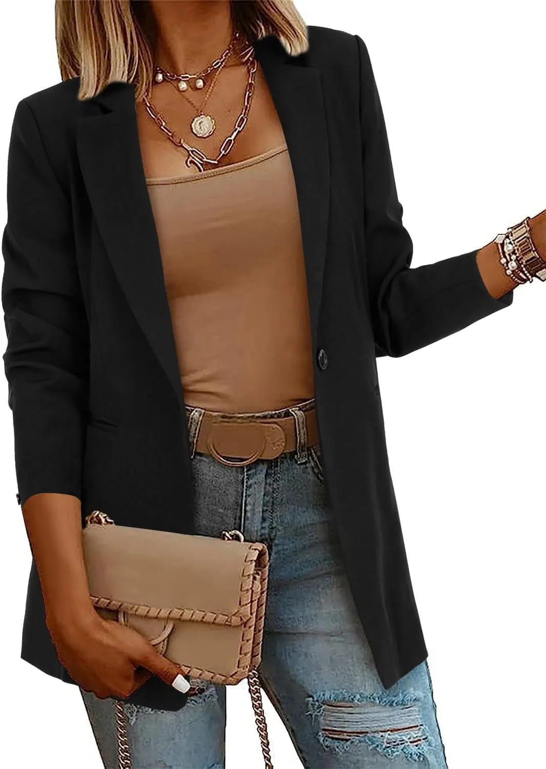 Rooscier Women's Blazer Jackets Long Sleeve Lapel Work Office Suits with Padded Shoulder