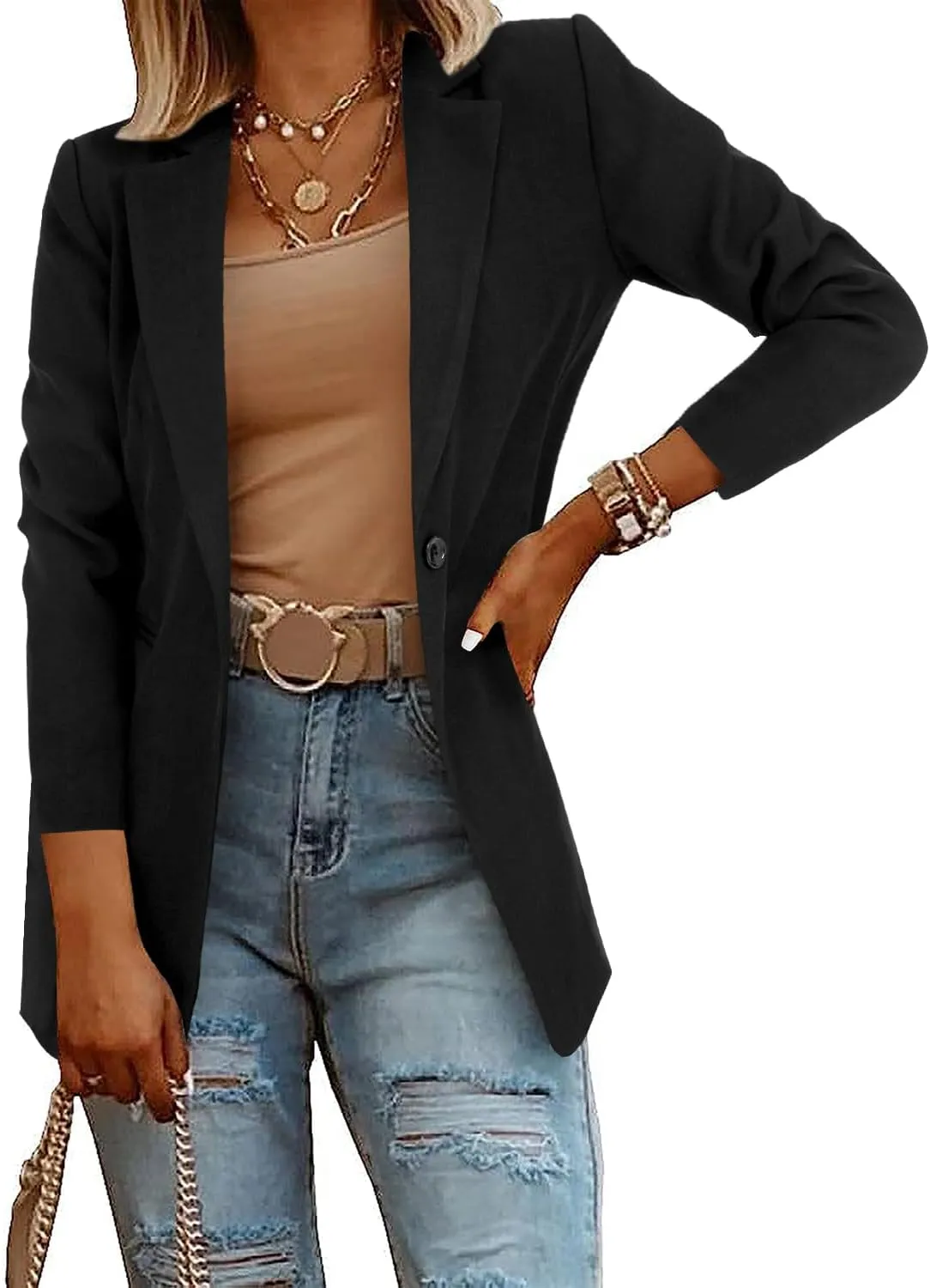 Rooscier Women's Blazer Jackets Long Sleeve Lapel Work Office Suits with Padded Shoulder