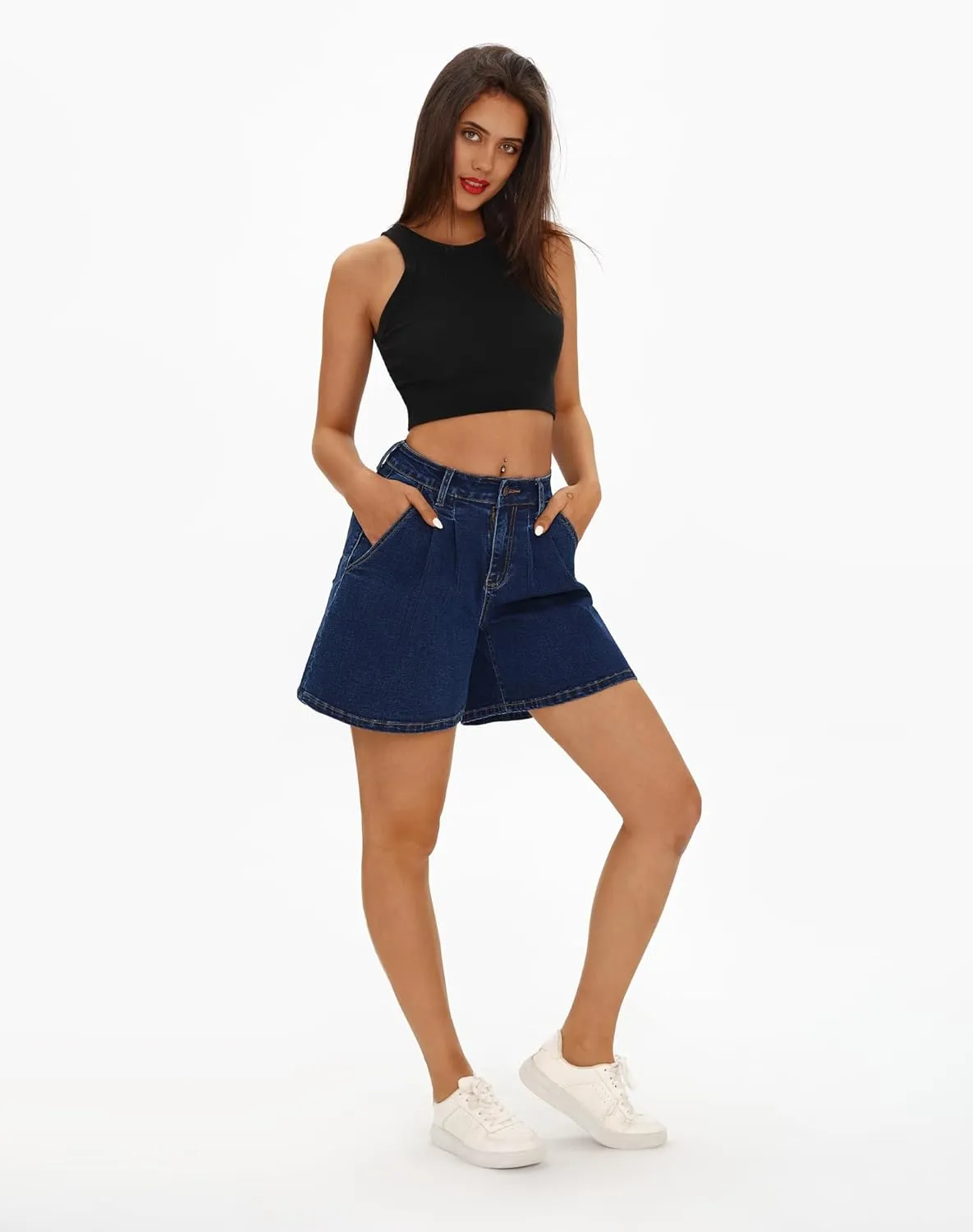 roswear Women’s Wide Leg Denim High Waisted Stretchy Loose Jean Shorts