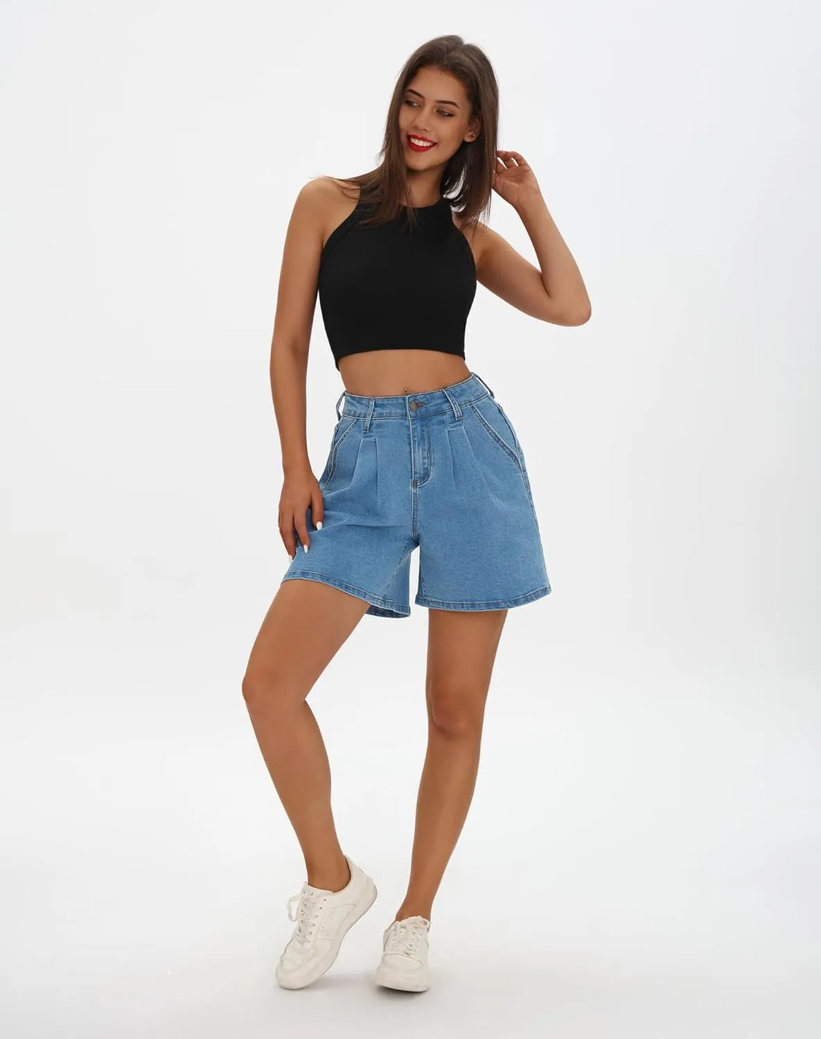 roswear Women’s Wide Leg Denim High Waisted Stretchy Loose Jean Shorts