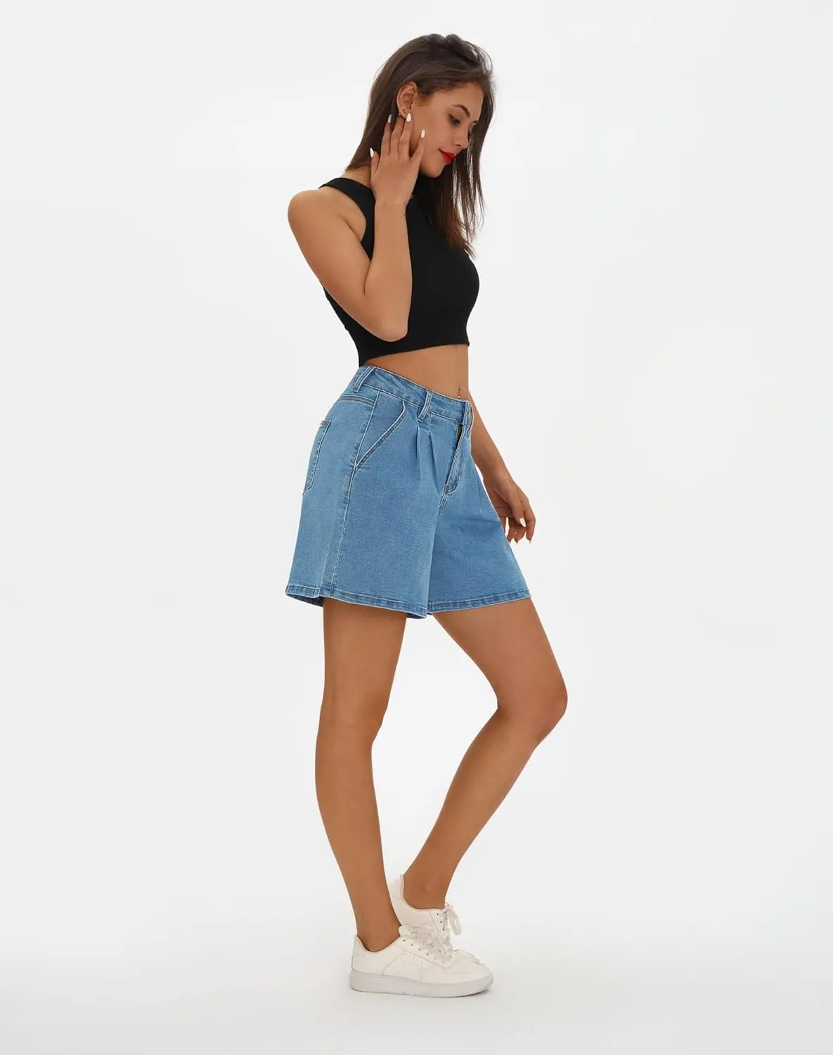 roswear Women’s Wide Leg Denim High Waisted Stretchy Loose Jean Shorts