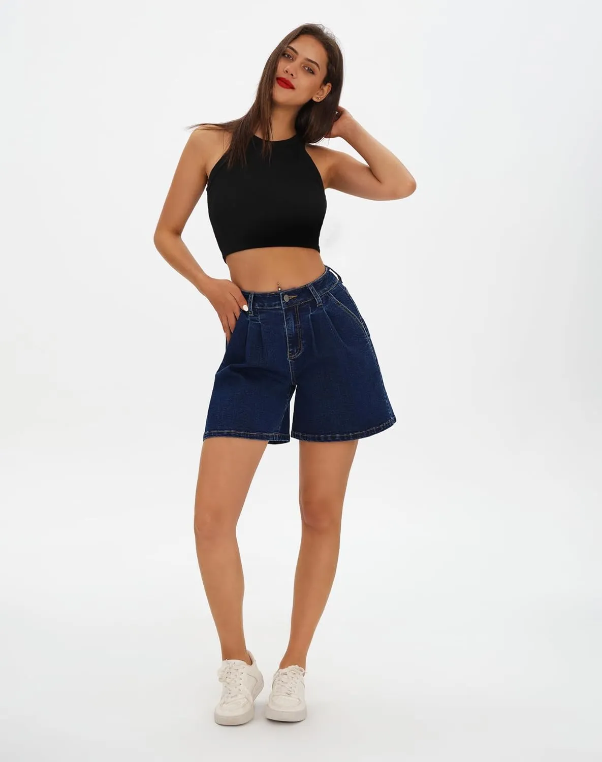 roswear Women’s Wide Leg Denim High Waisted Stretchy Loose Jean Shorts